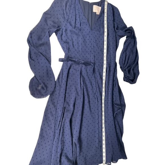 Gal Meets Glam Size 4 Navy Swiss Dot Belted Midi Sheer Elegant Old Money Classic - Picture 6 of 11